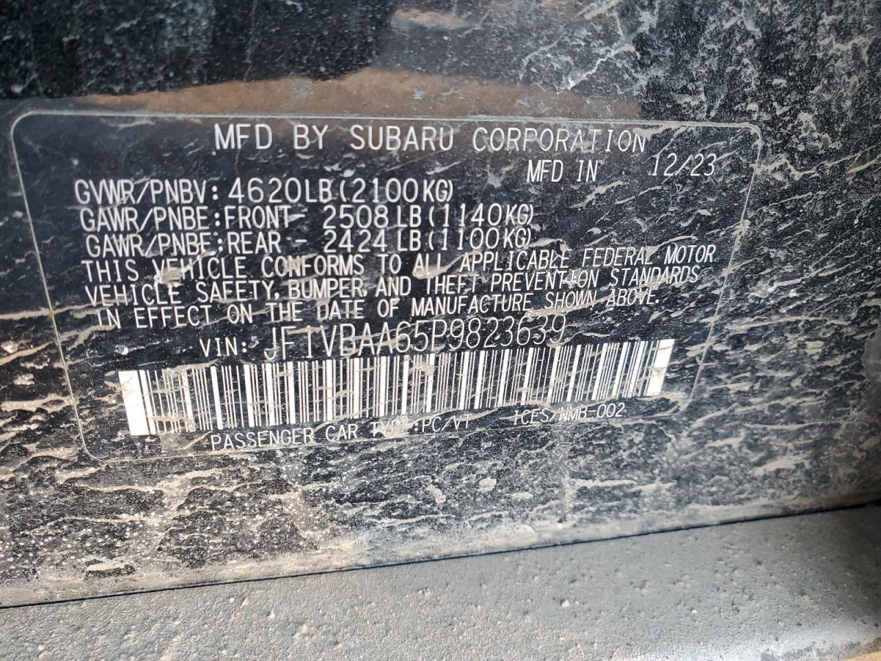 2023 SUBARU WRX VIN:JF1VBAA65P9823639