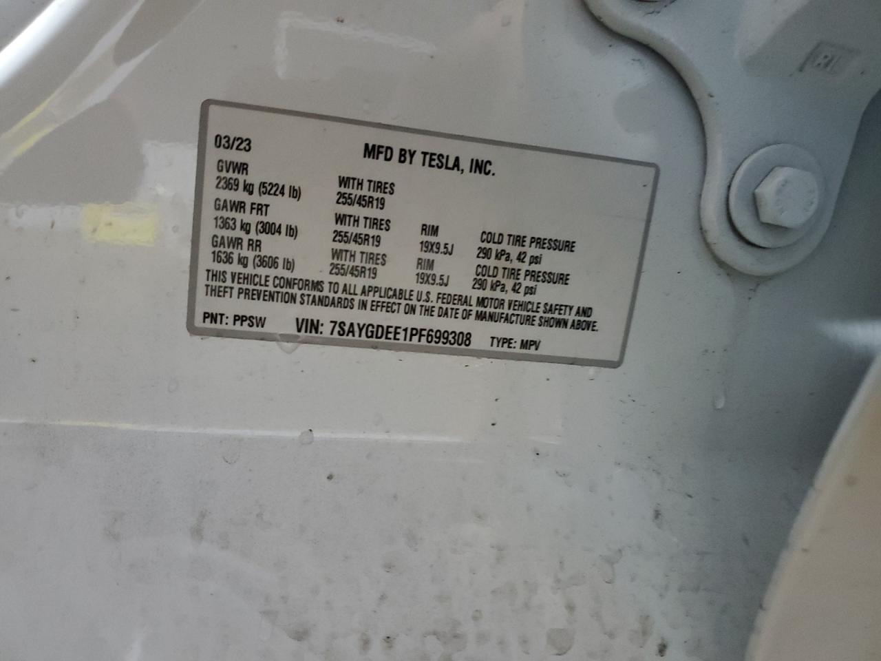 2023 TESLA MODEL Y VIN:7SAYGDEE1PF699308