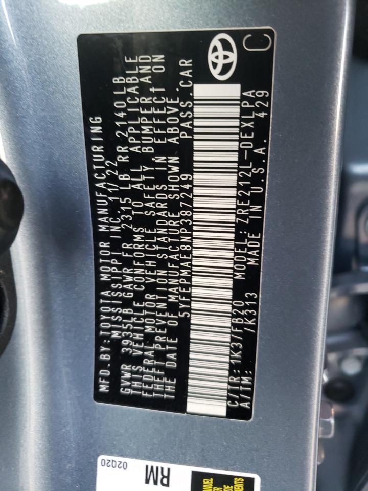 2022 TOYOTA COROLLA LE VIN:5YFEPMAE8NP387249