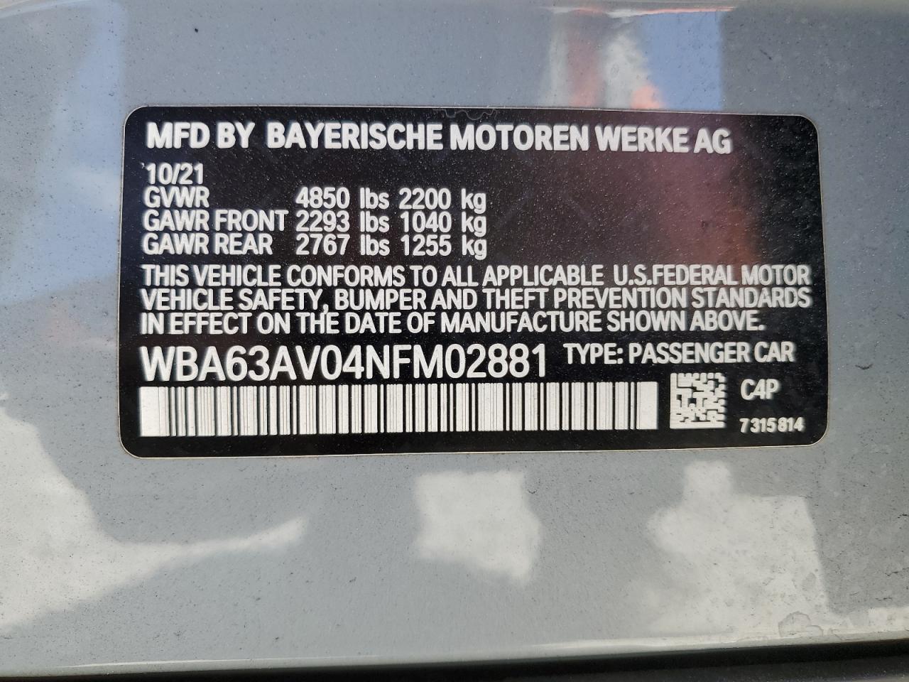 2022 BMW 430I GRAN COUPE VIN:WBA63AV04NFM02881