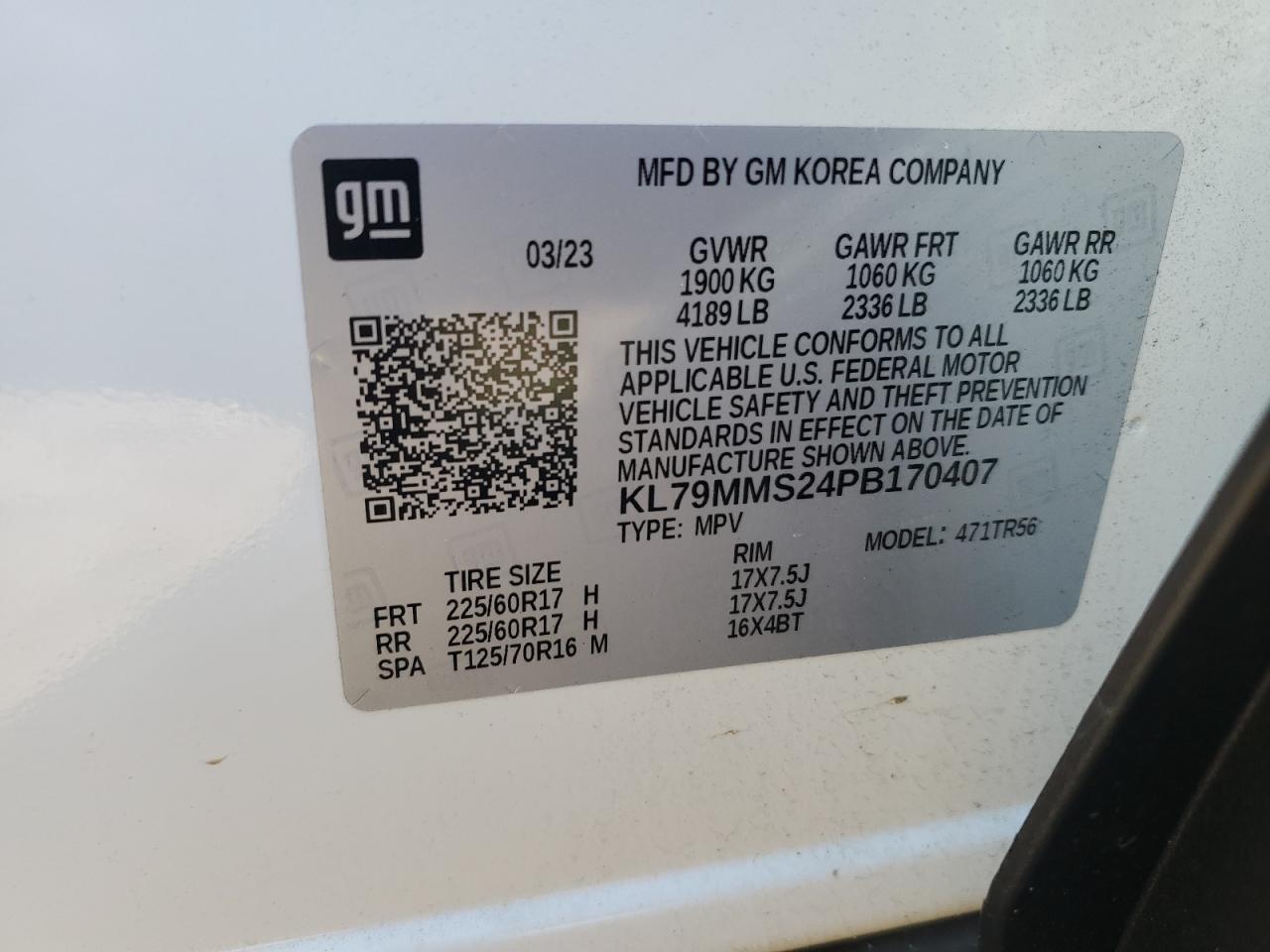 2023 CHEVROLET TRAILBLAZER LS VIN:KL79MMS24PB170407