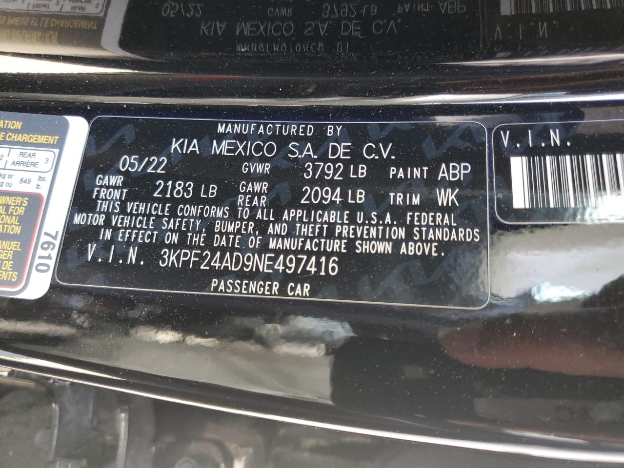2022 KIA FORTE FE VIN:3KPF24AD9NE497416