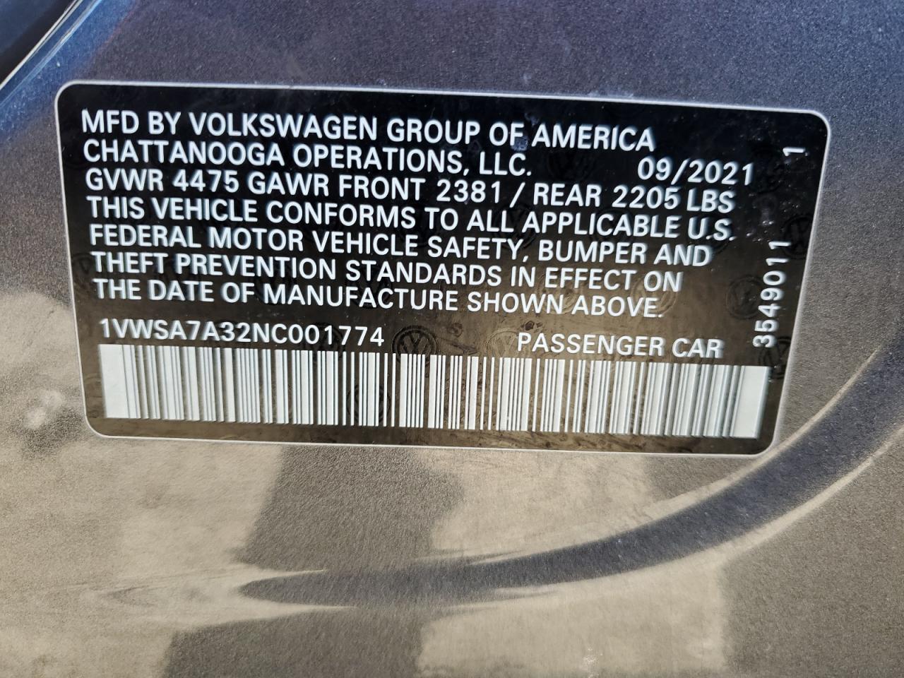 2022 VOLKSWAGEN PASSAT SE VIN:1VWSA7A32NC001774