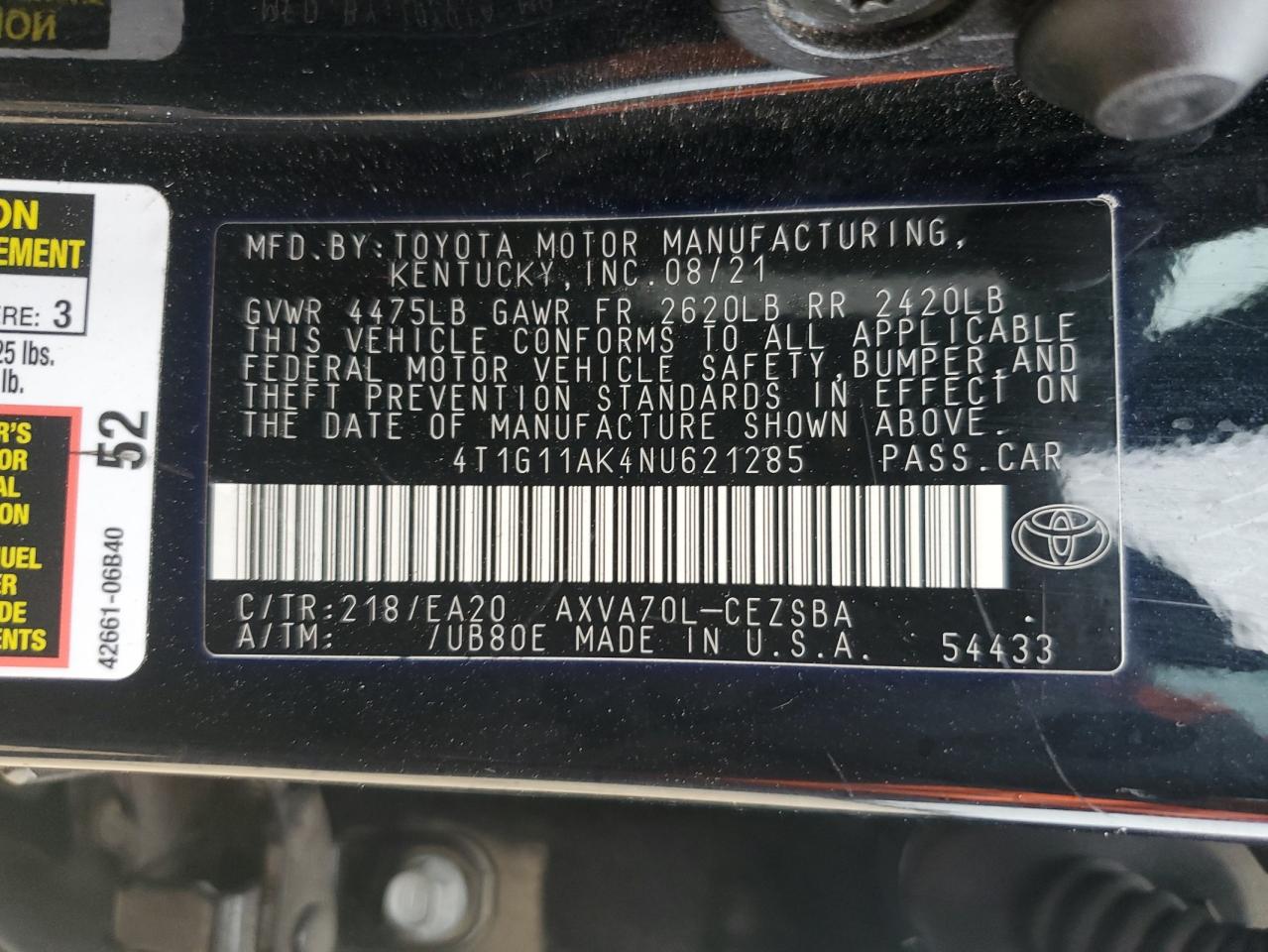 2022 TOYOTA CAMRY SE VIN:4T1G11AK4NU621285