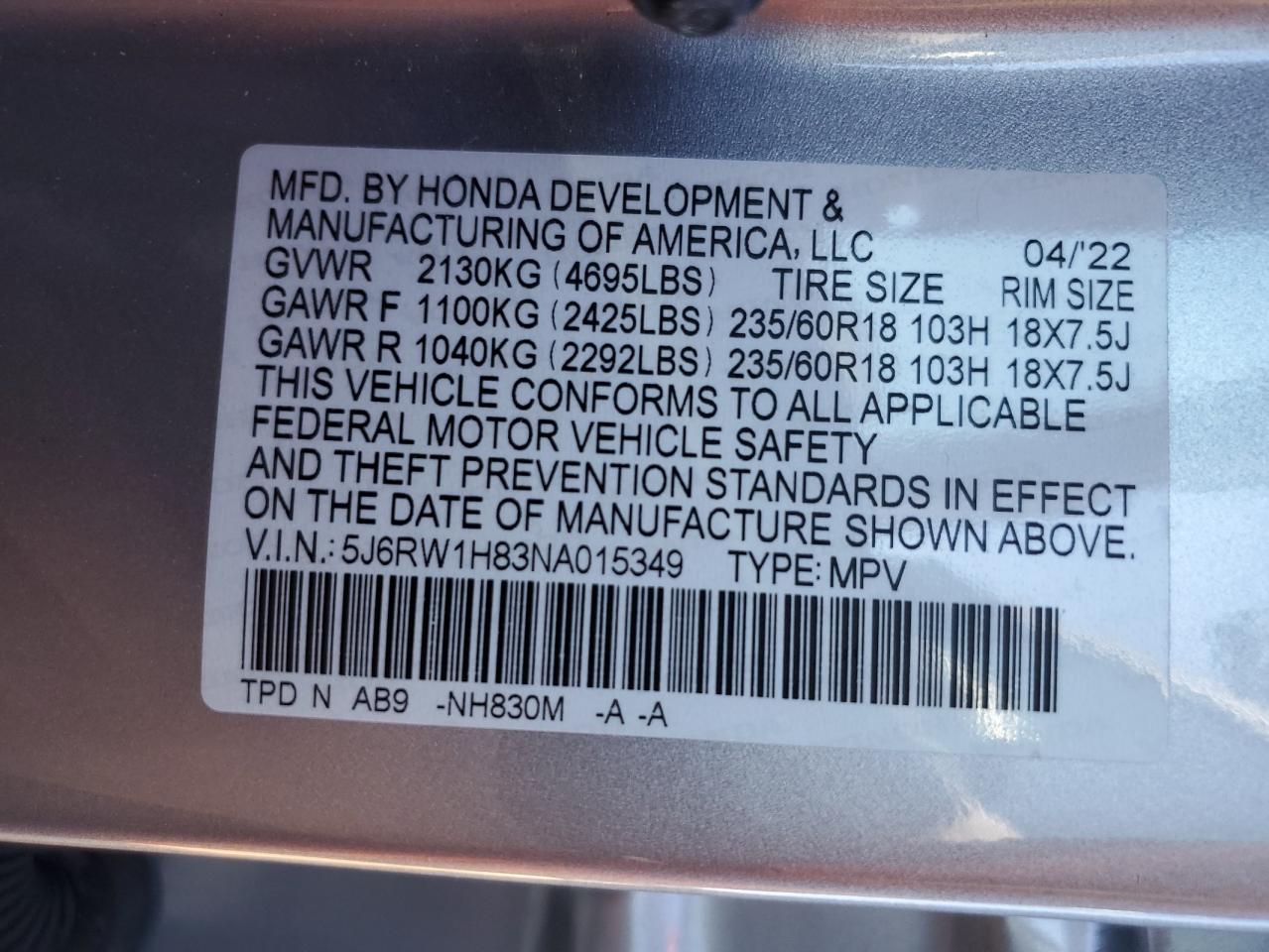 2022 HONDA CR-V EXL VIN:5J6RW1H83NA015349
