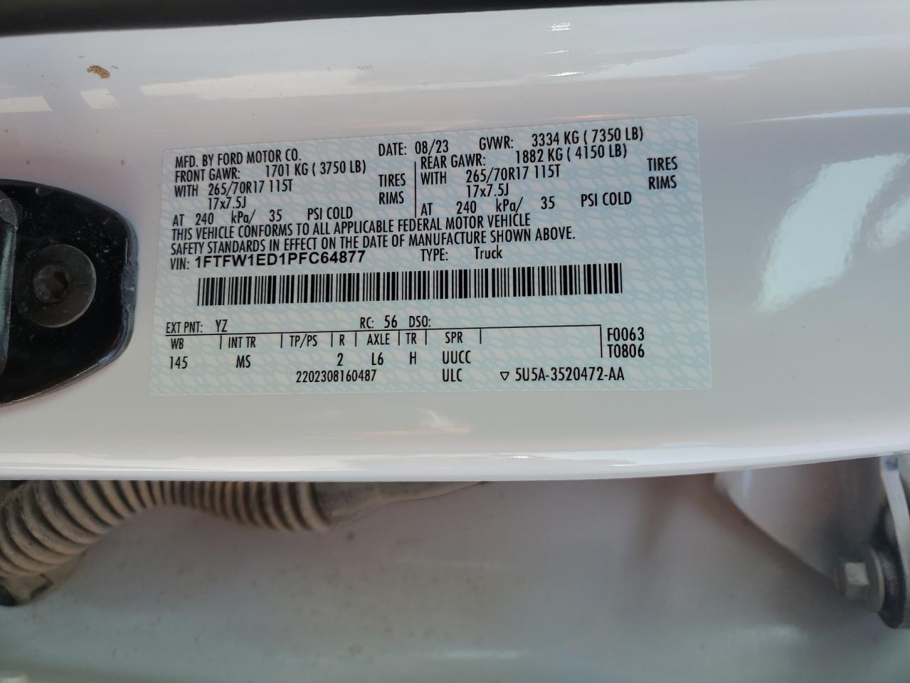 2023 FORD F150 SUPERCREW VIN:1FTFW1ED1PFC64877