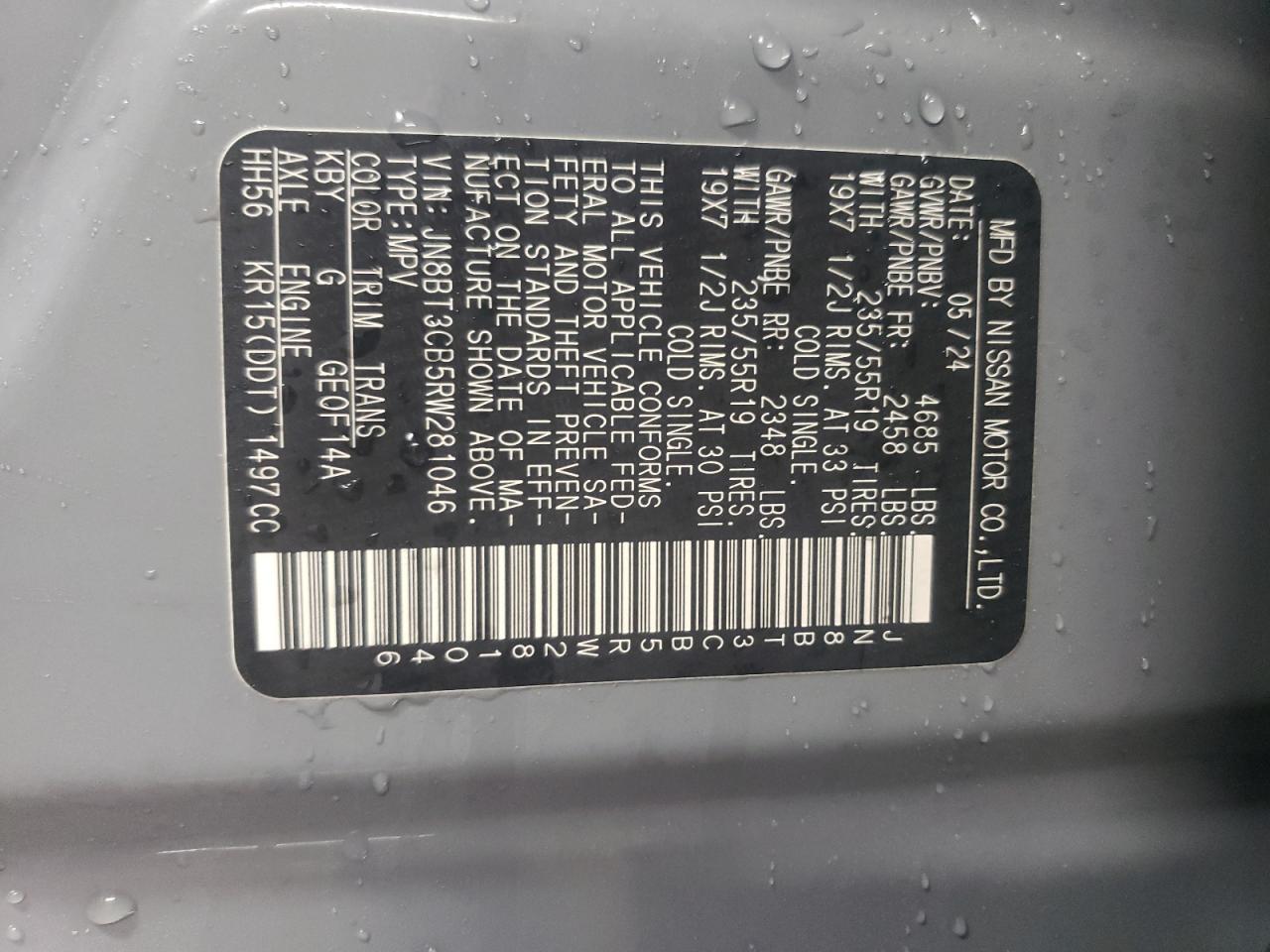 2024 NISSAN ROGUE SL VIN:JN8BT3CB5RW281046