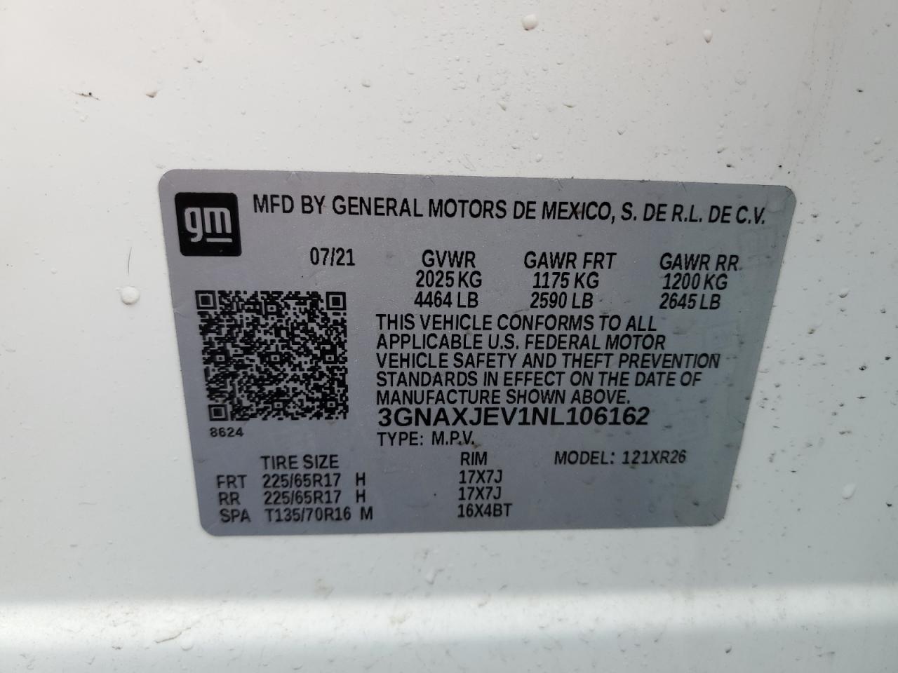 2022 CHEVROLET EQUINOX LT VIN:3GNAXJEV1NL106162