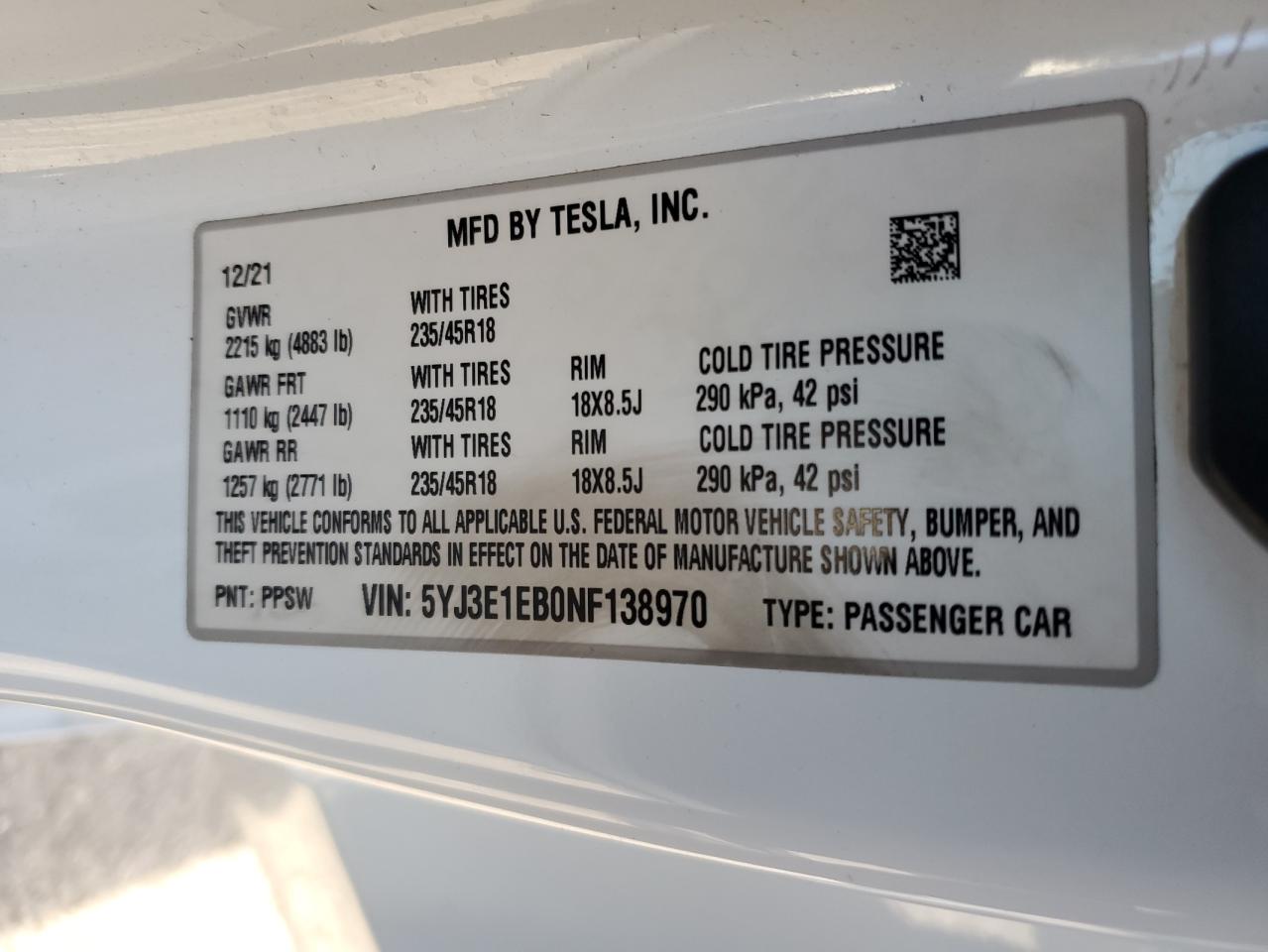 2022 TESLA MODEL 3 VIN:5YJ3E1EB0NF138970