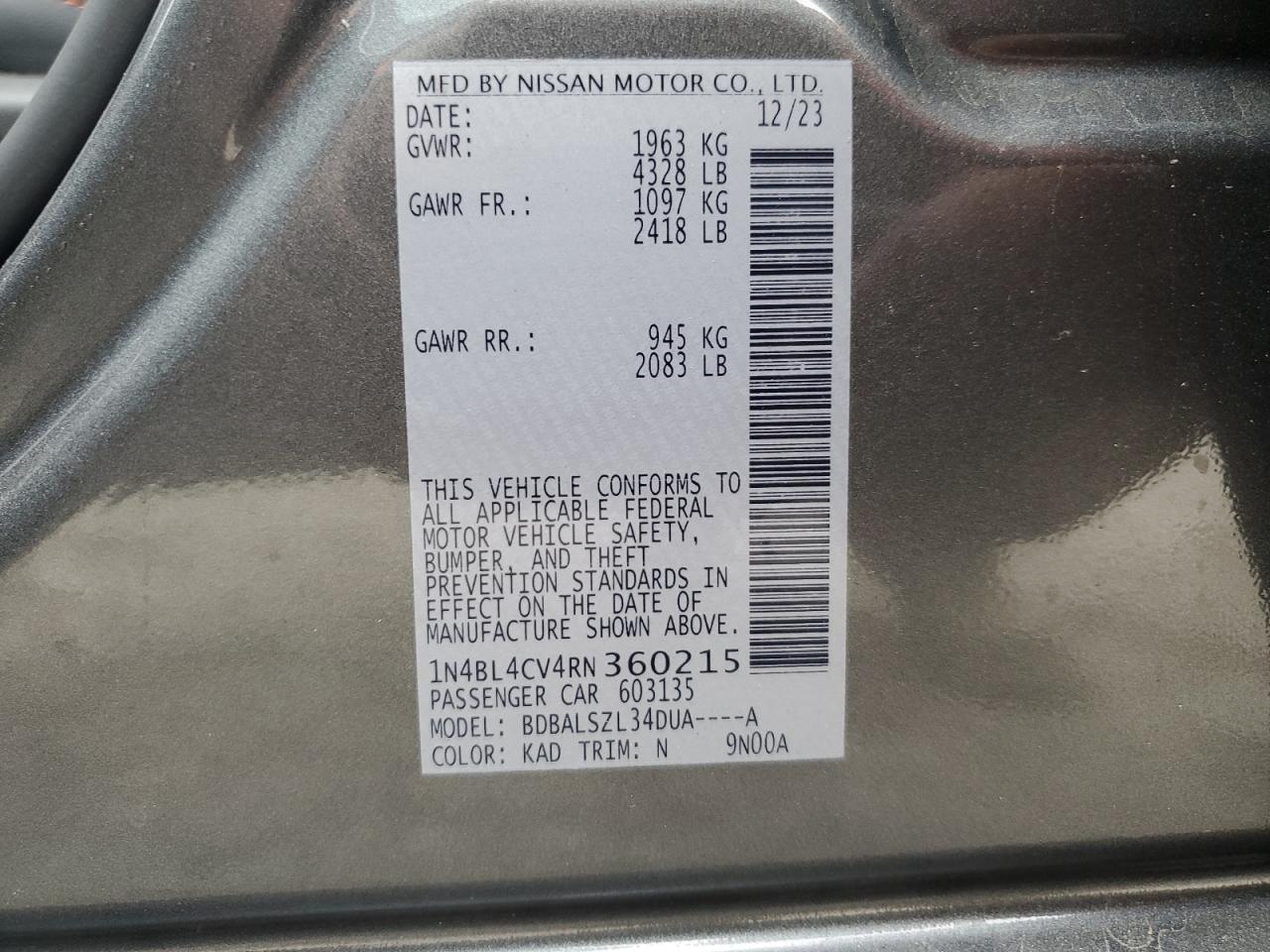 2024 NISSAN ALTIMA SR VIN:1N4BL4CV4RN360215