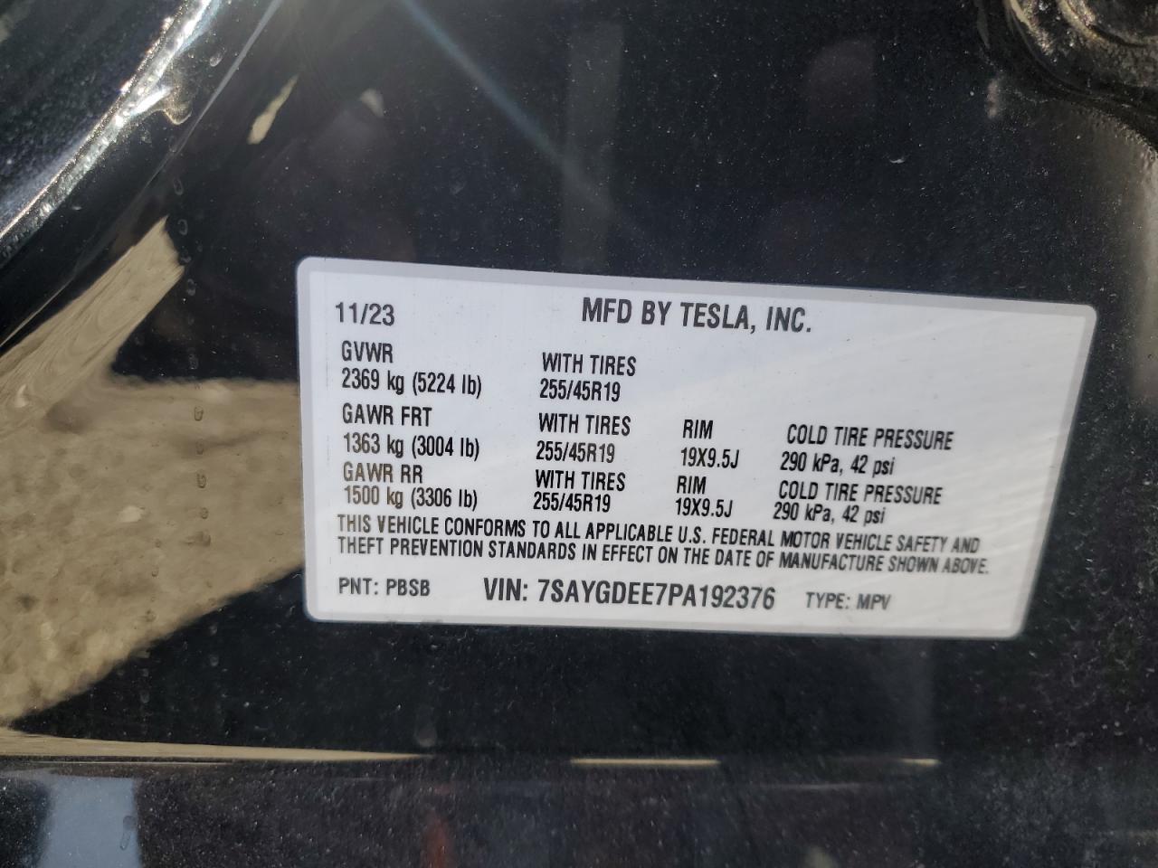 2023 TESLA MODEL Y VIN:7SAYGDEE7PA192376