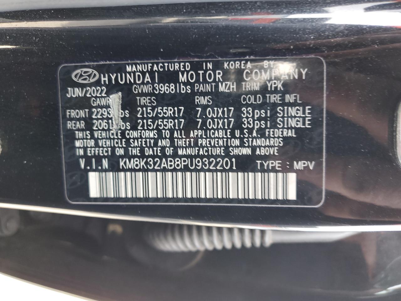 2023 HYUNDAI KONA SEL VIN:KM8K32AB8PU932201