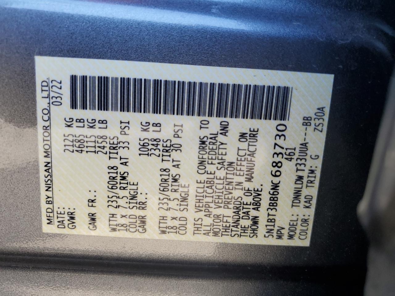 2022 NISSAN ROGUE SV VIN:5N1BT3BB6NC683730