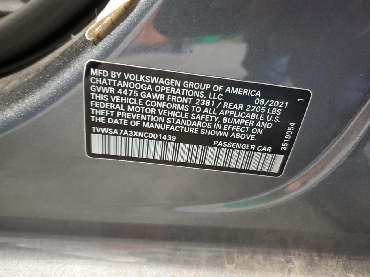 2022 VOLKSWAGEN PASSAT SE VIN:1VWSA7A3XNC001439