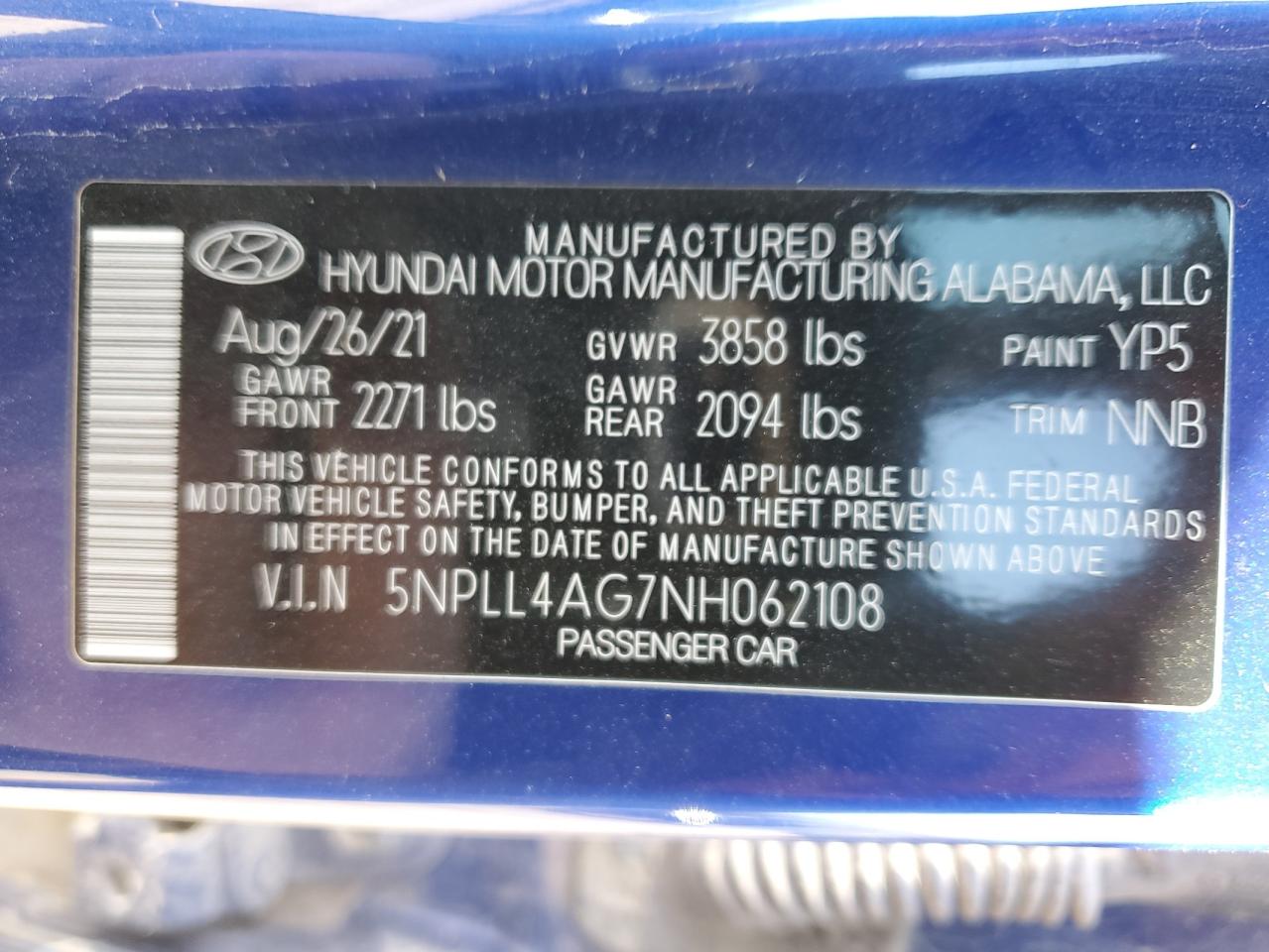 2022 HYUNDAI ELANTRA SE VIN:5NPLL4AG7NH062108