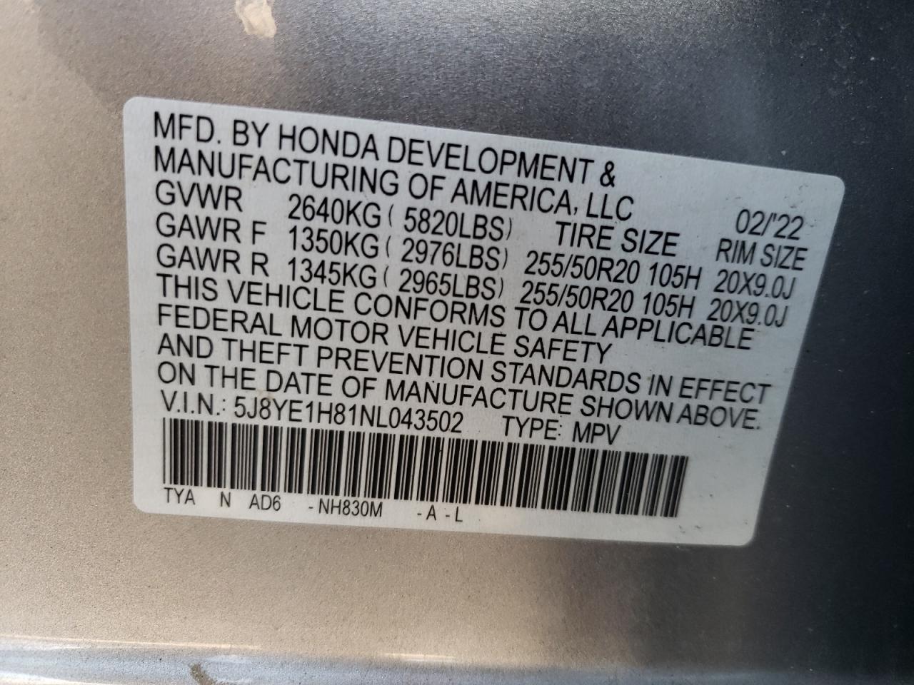 2022 ACURA MDX ADVANCE VIN:5J8YE1H81NL043502