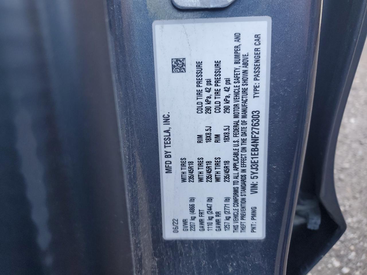 2022 TESLA MODEL 3 VIN:5YJ3E1EB4NF276303