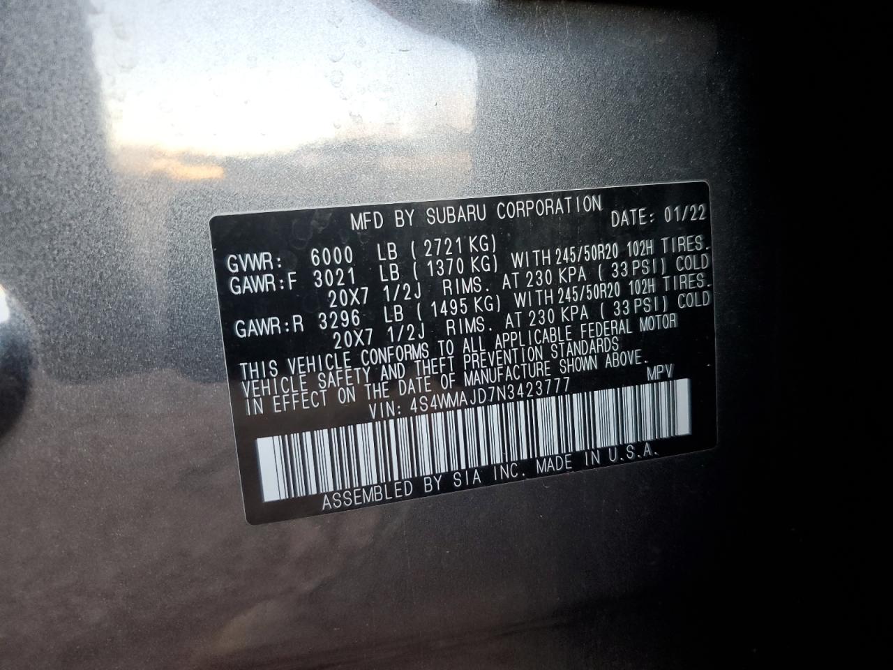 2022 SUBARU ASCENT ONYX EDITION VIN:4S4WMAJD7N3423777