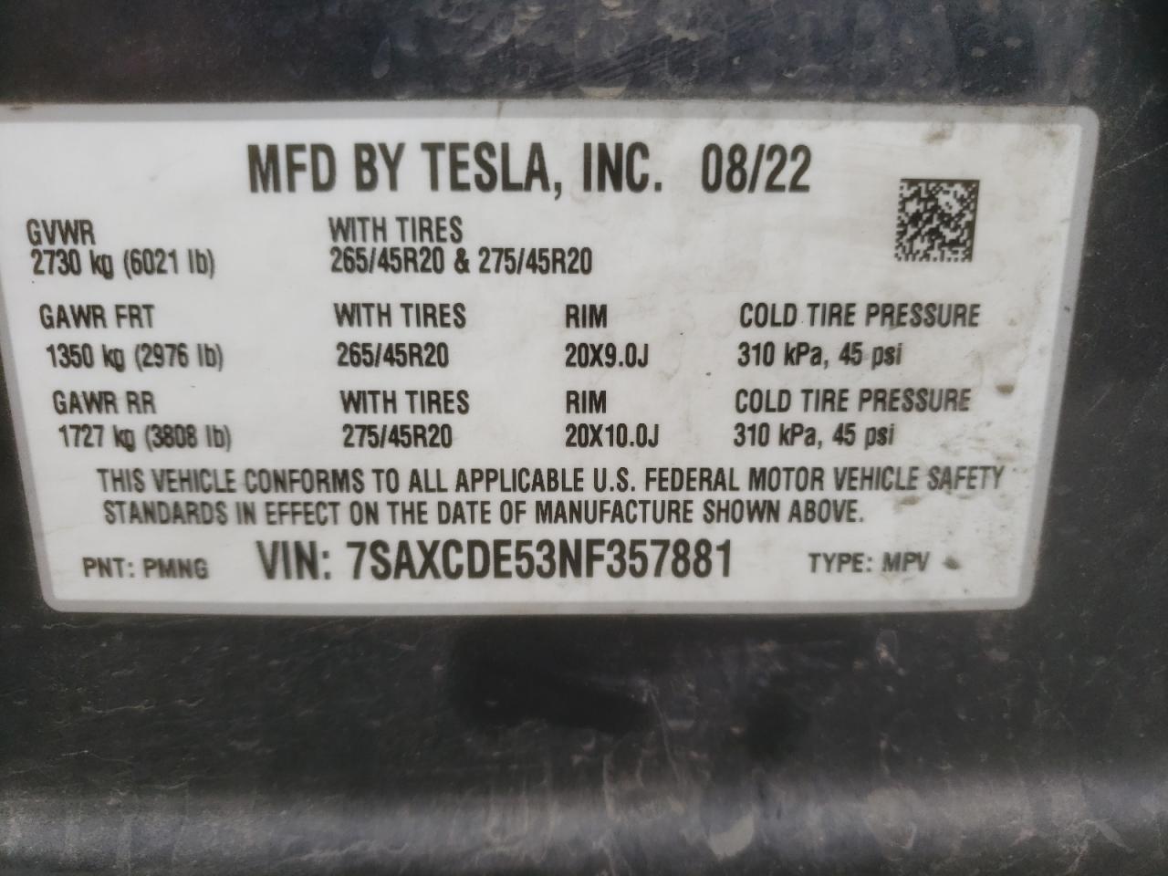 2022 TESLA MODEL X VIN:7SAXCDE53NF357881