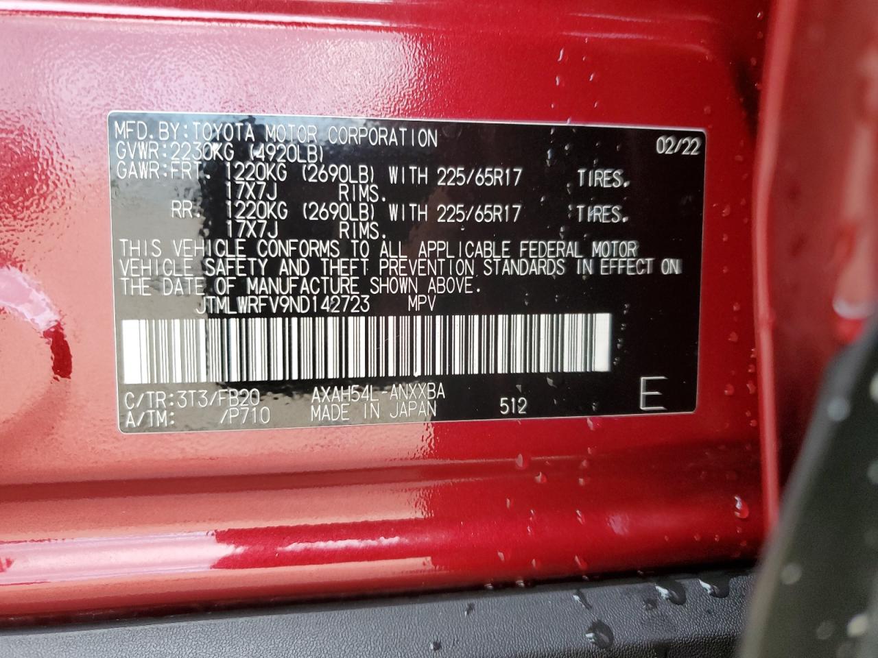 2022 TOYOTA RAV4 LE VIN:JTMLWRFV9ND142723