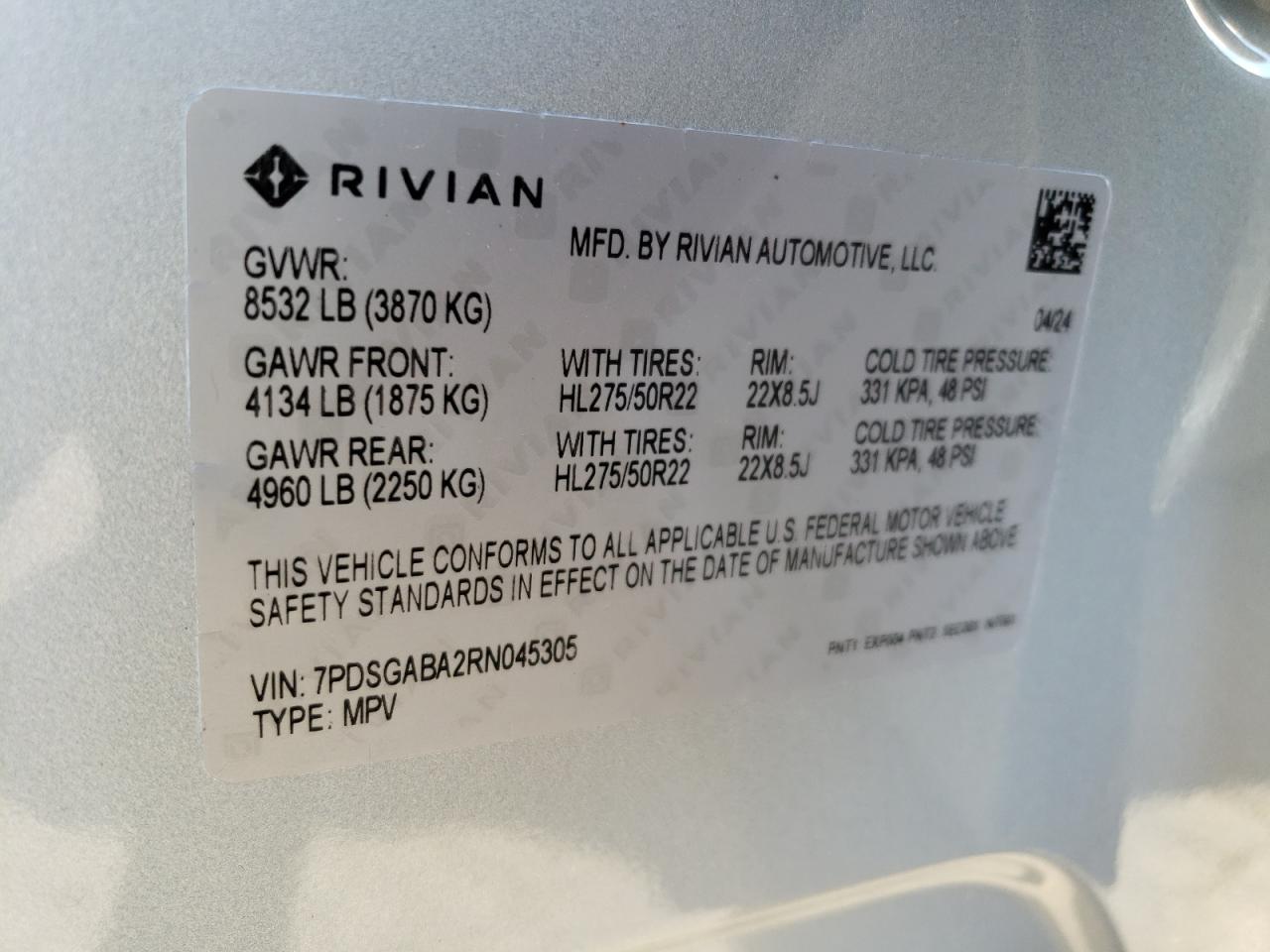 2024 RIVIAN R1S ADVENTURE VIN:7PDSGABA2RN045305