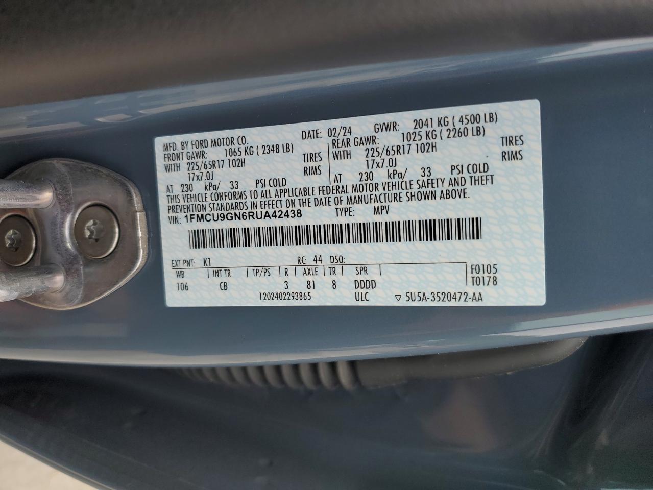 2024 FORD ESCAPE ACTIVE VIN:1FMCU9GN6RUA42438