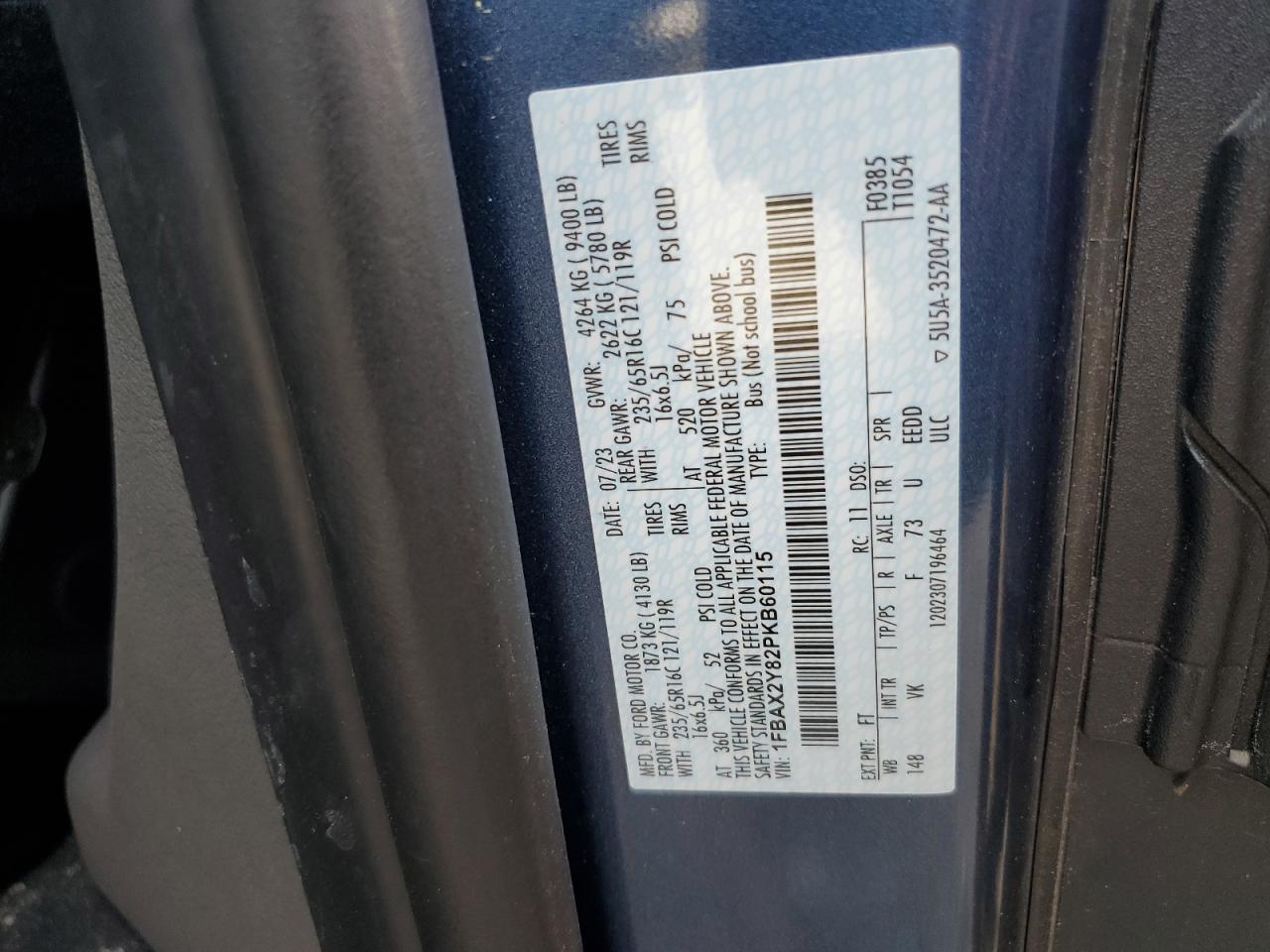 2023 FORD TRANSIT T-350 VIN:1FBAX2Y82PKB60115