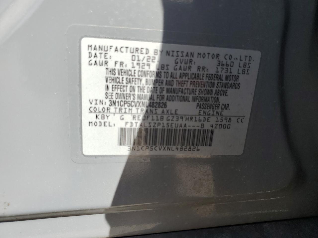 2022 NISSAN KICKS SV VIN:3N1CP5CVXNL482826