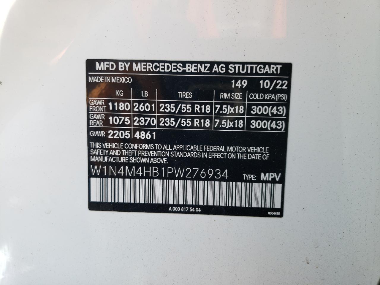 2023 MERCEDES-BENZ GLB 250 4MATIC VIN:W1N4M4HB1PW276934