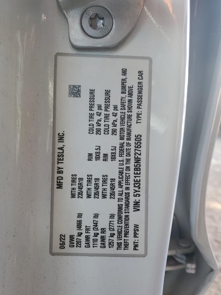 2022 TESLA MODEL 3 VIN:5YJ3E1EB5NF276505