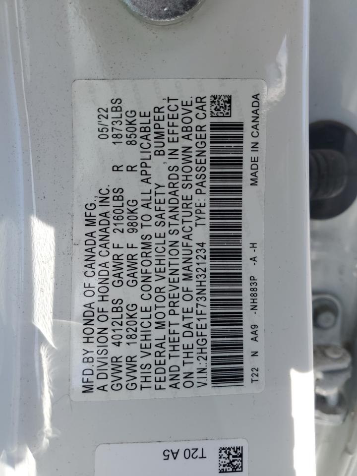 2022 HONDA CIVIC EX VIN:2HGFE1F73NH321234