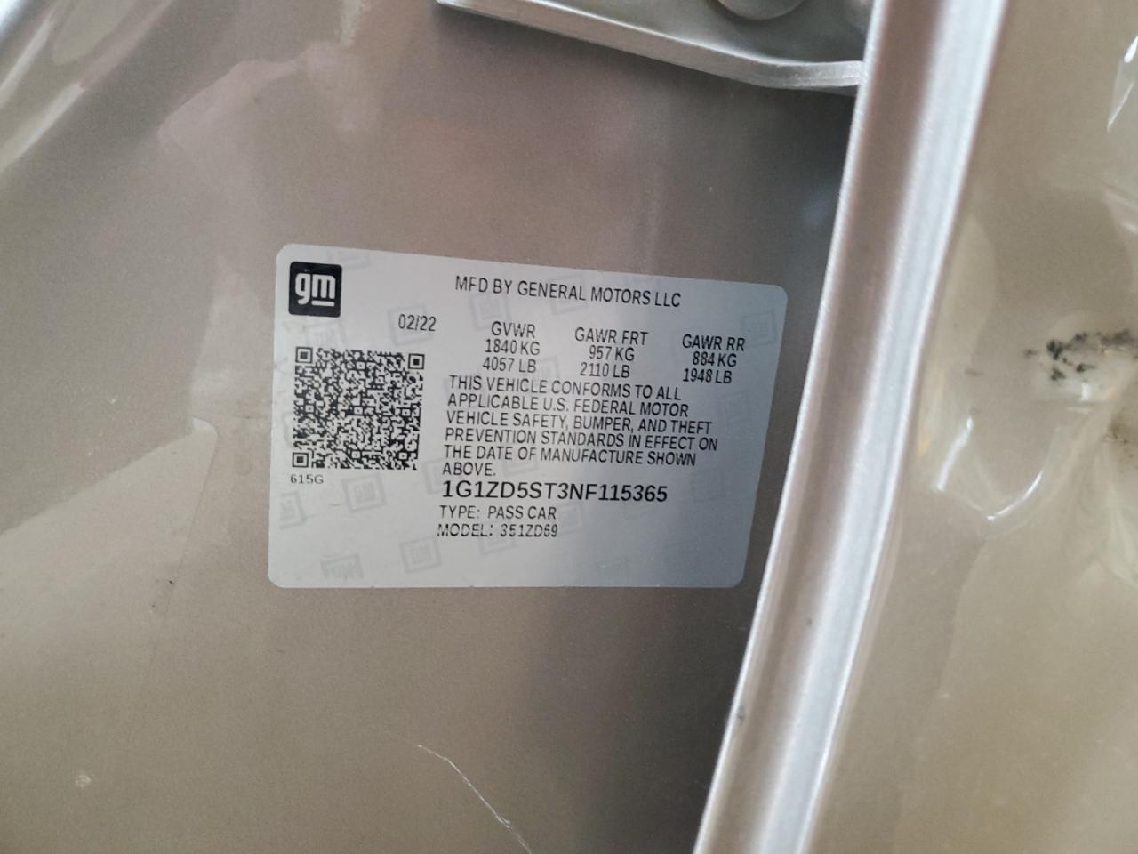 2022 CHEVROLET MALIBU LT VIN:1G1ZD5ST3NF115365