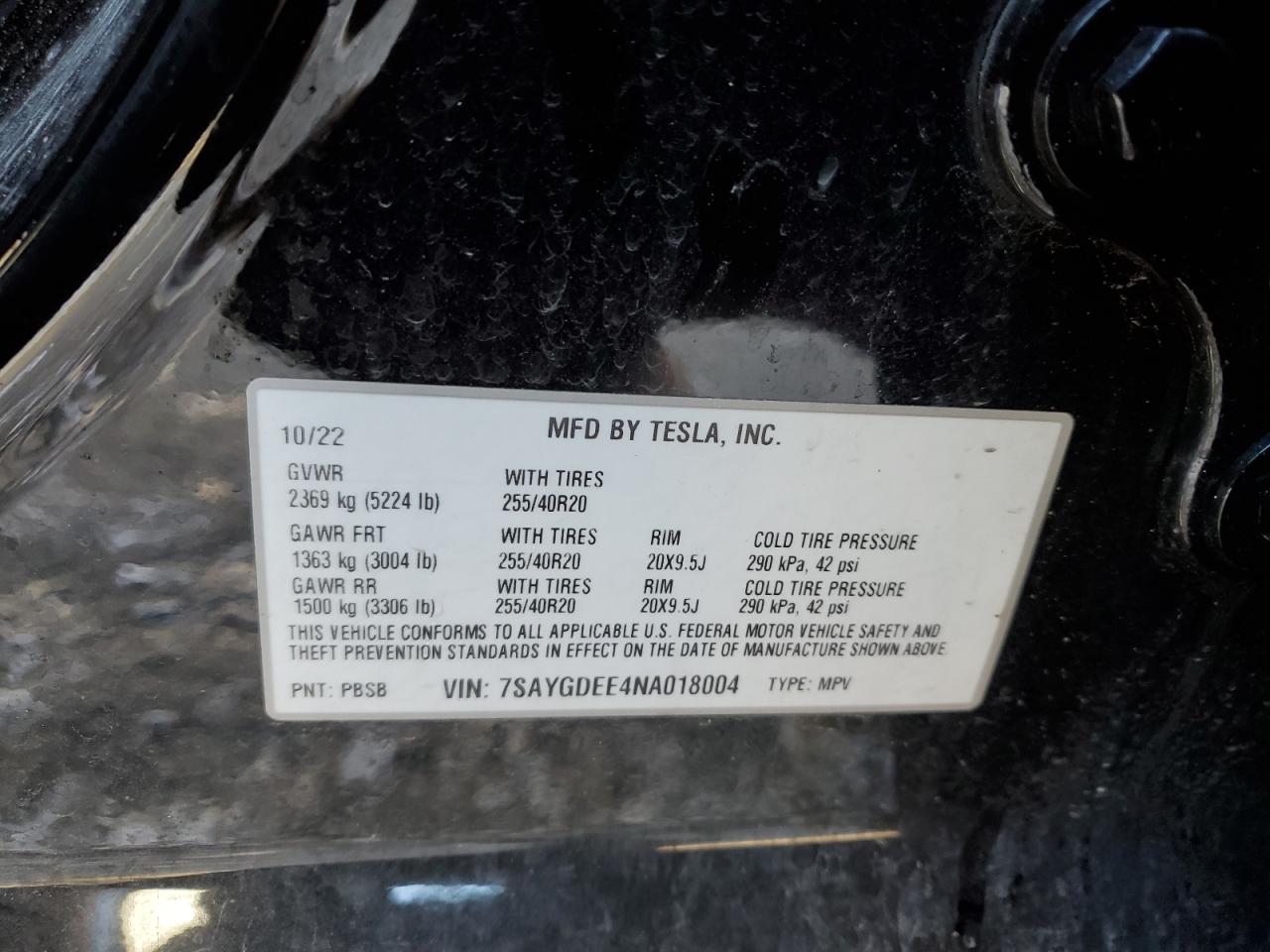 2022 TESLA MODEL Y VIN:7SAYGDEE4NA018004