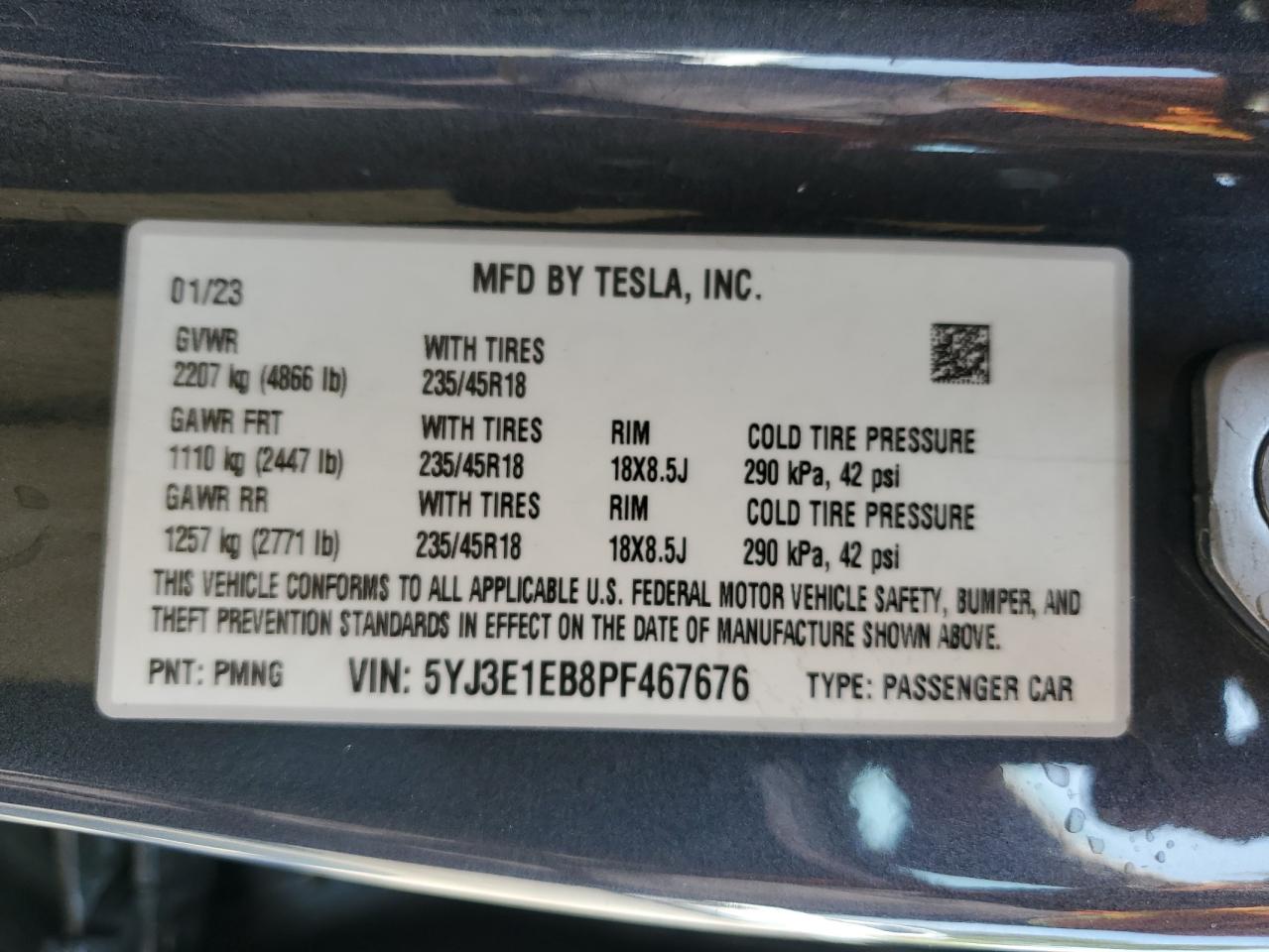 2023 TESLA MODEL 3 VIN:5YJ3E1EB8PF467676