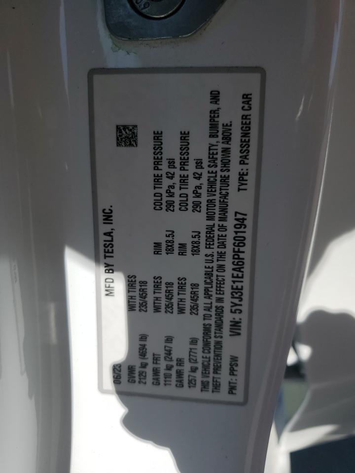 2023 TESLA MODEL 3 VIN:5YJ3E1EA6PF601947