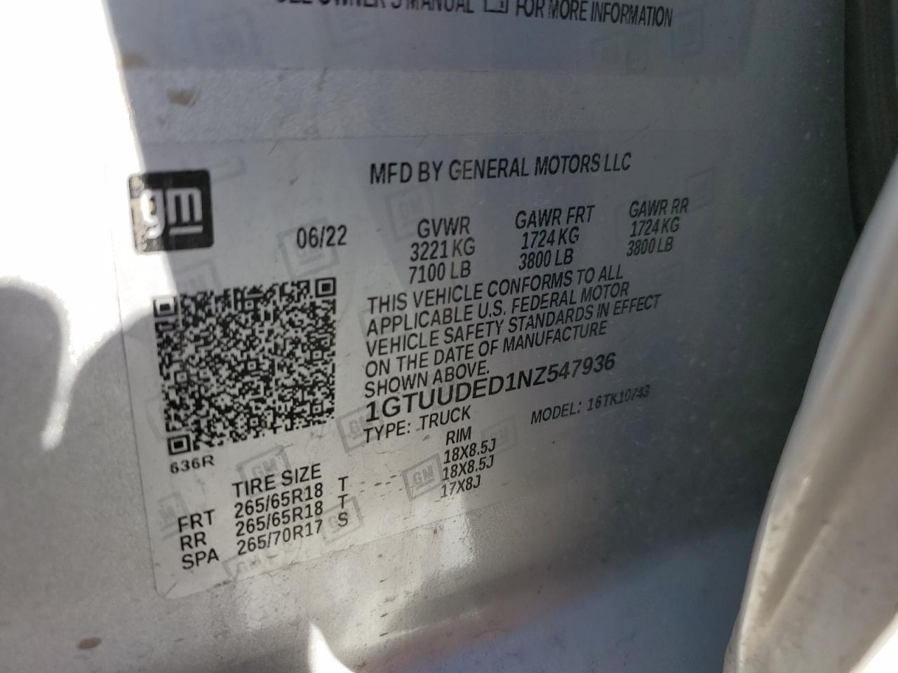 2022 GMC SIERRA K1500 SLT VIN:1GTUUDED1NZ547936