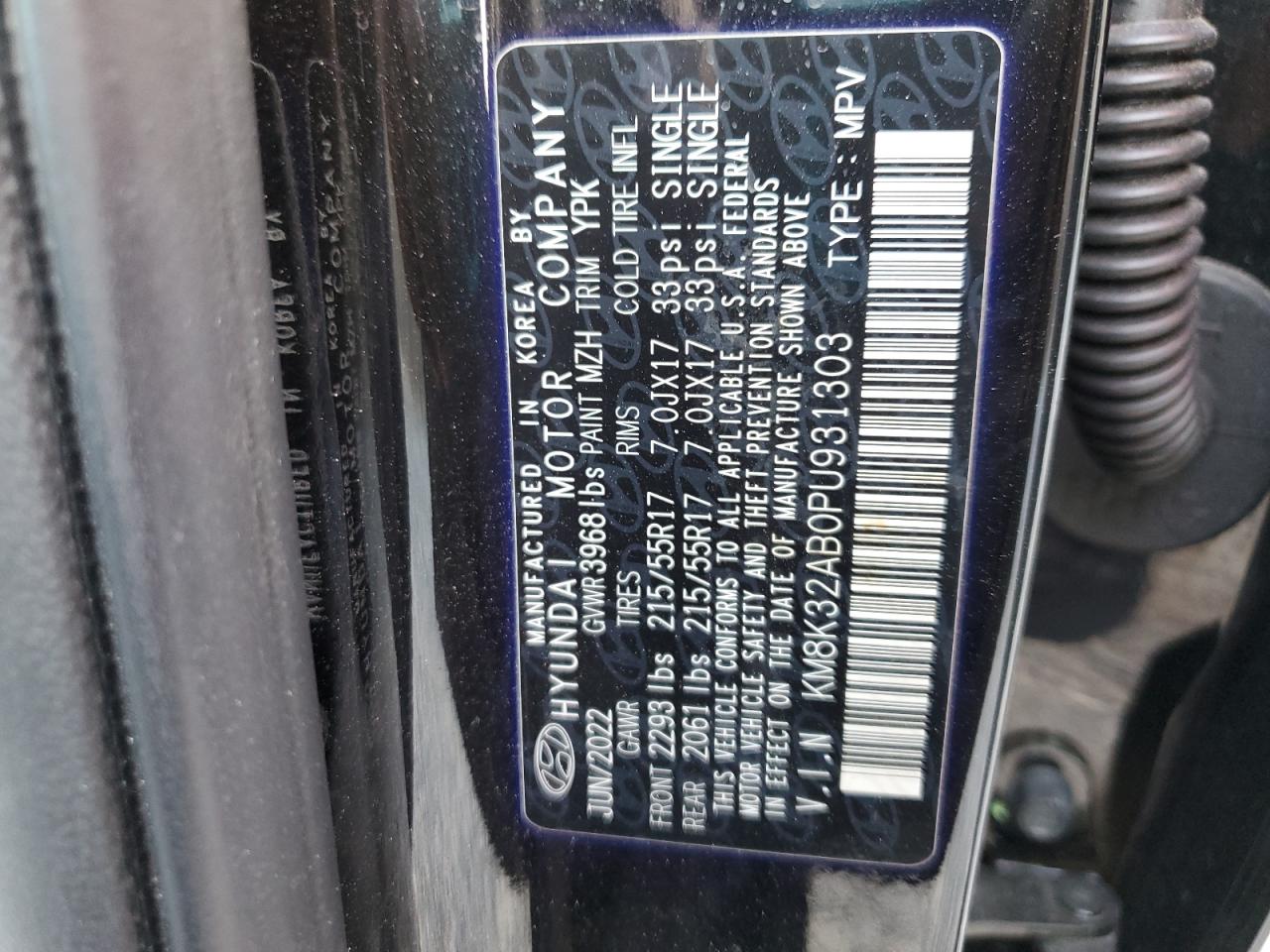 2023 HYUNDAI KONA SEL VIN:KM8K32AB0PU931303