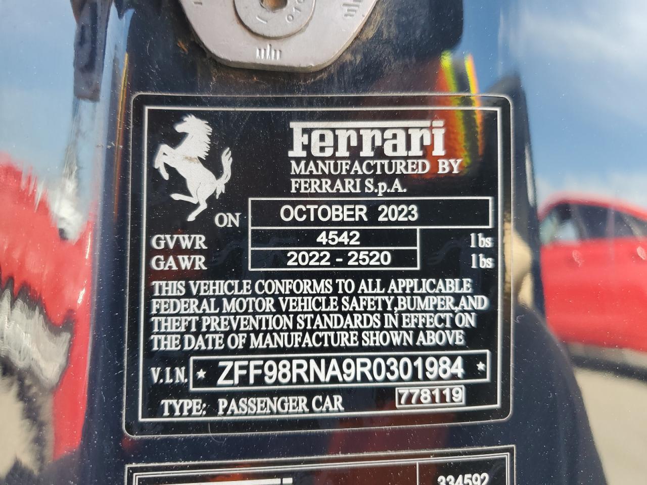 2024 FERRARI ROMA VIN:ZFF98RNA9R0301984