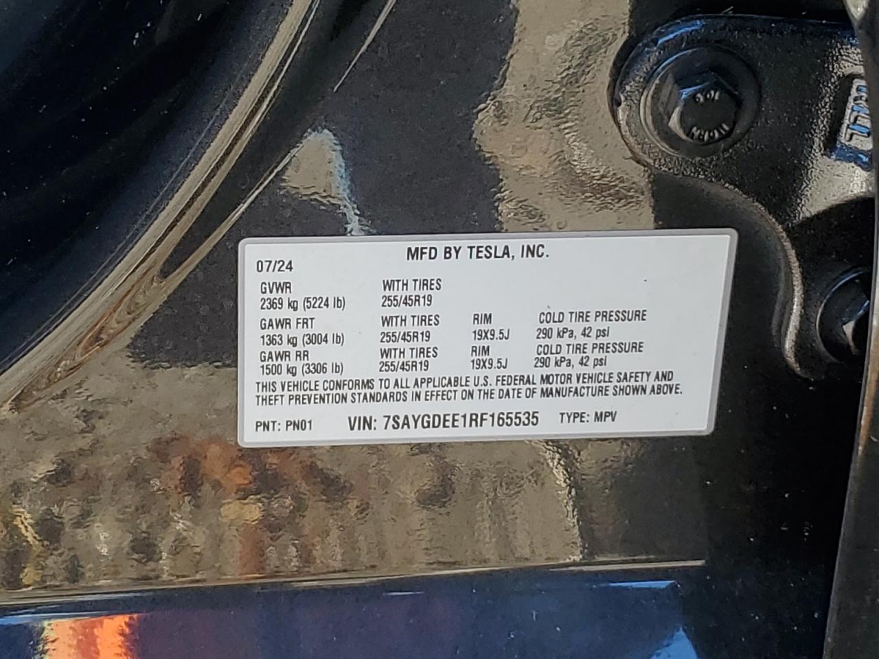 2024 TESLA MODEL Y VIN:7SAYGDEE1RF165535