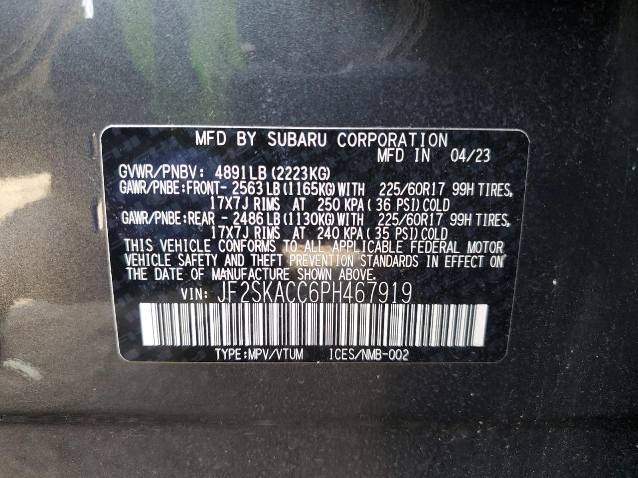 2023 SUBARU FORESTER VIN:JF2SKACC6PH467919