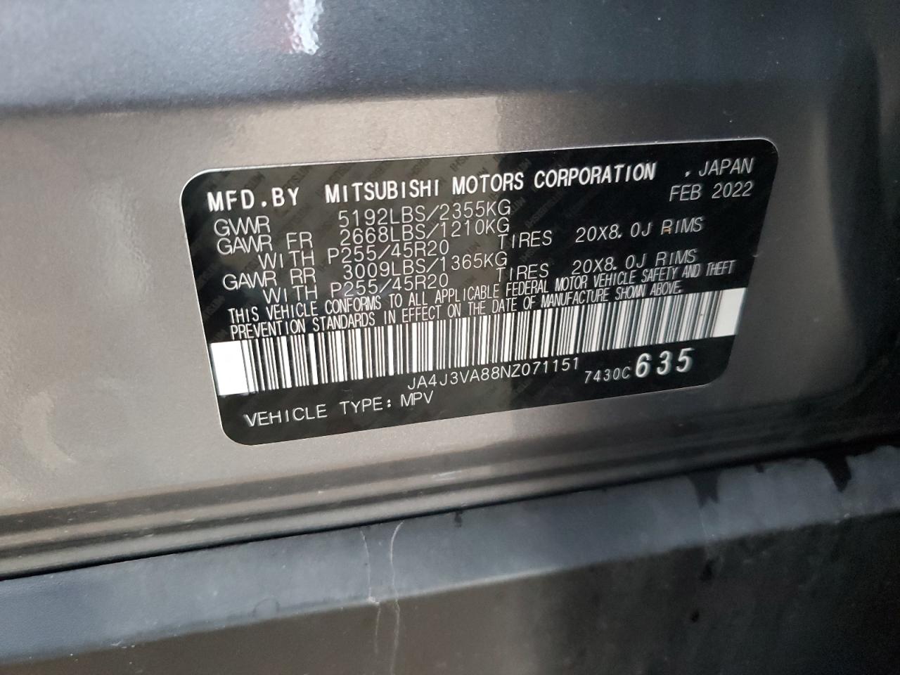 2022 MITSUBISHI OUTLANDER SEL VIN:JA4J3VA88NZ071151