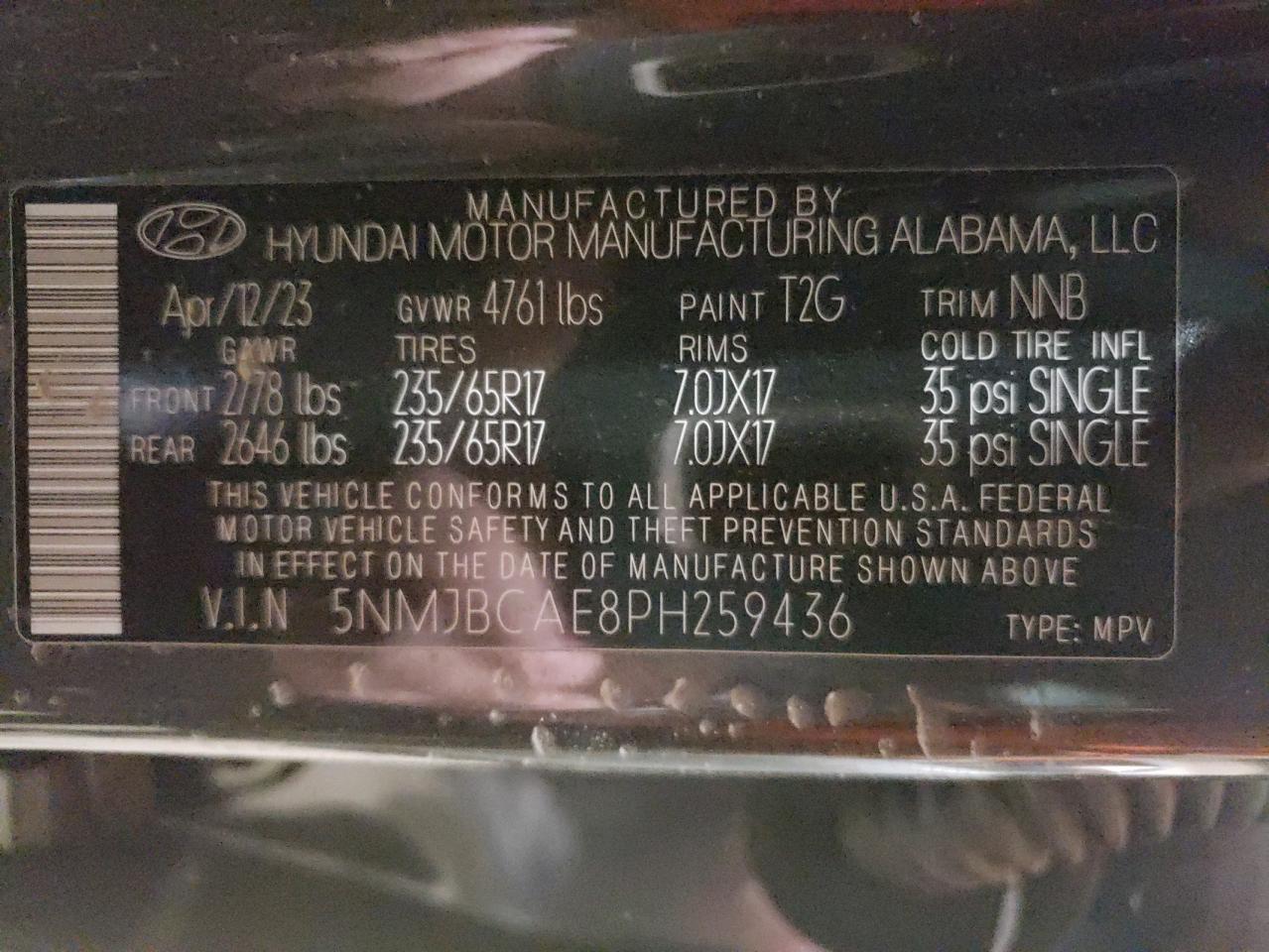 2023 HYUNDAI TUCSON SEL VIN:5NMJBCAE8PH259436