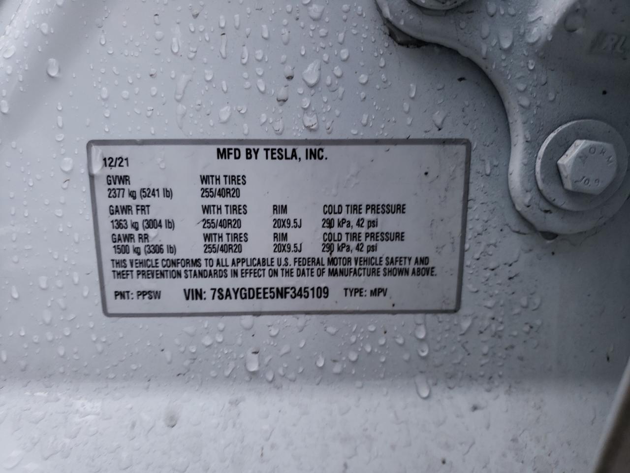 2022 TESLA MODEL Y VIN:7SAYGDEE5NF345109