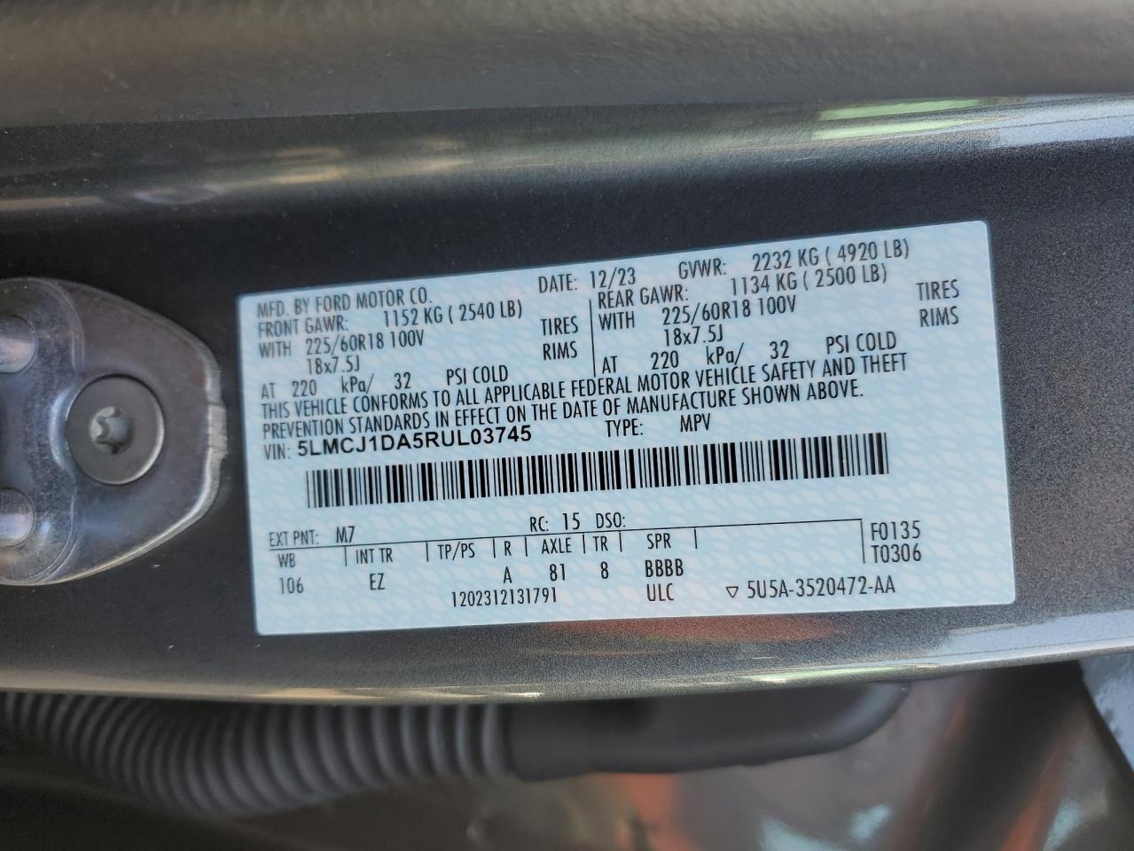 2024 LINCOLN CORSAIR VIN:5LMCJ1DA5RUL03745