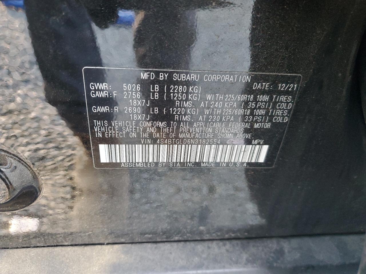 2022 SUBARU OUTBACK ONYX EDITION XT VIN:4S4BTGLD6N3182554