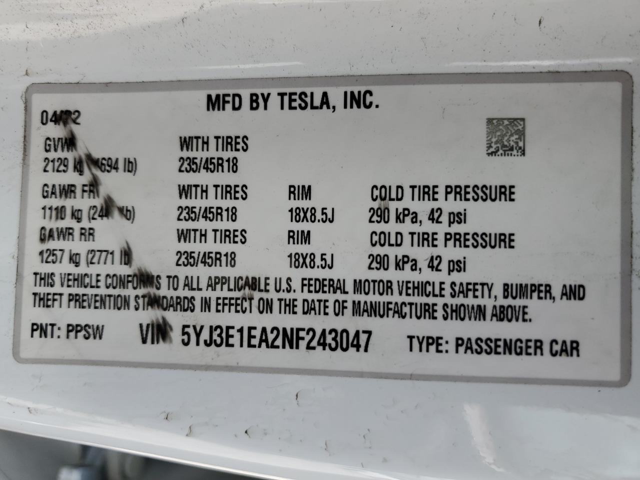 2022 TESLA MODEL 3 VIN:5YJ3E1EA2NF243047