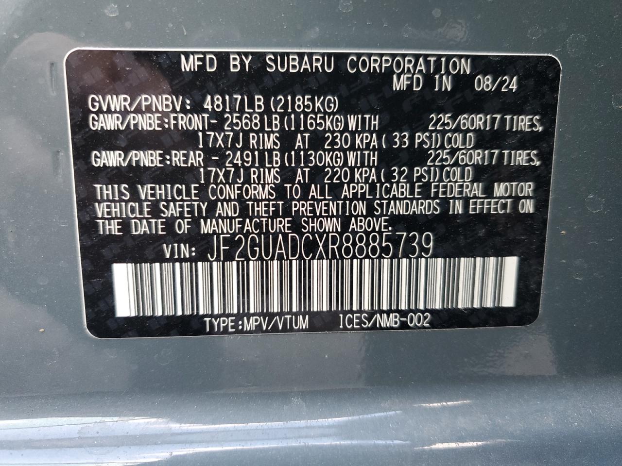 2024 SUBARU CROSSTREK PREMIUM VIN:JF2GUADCXR8885739