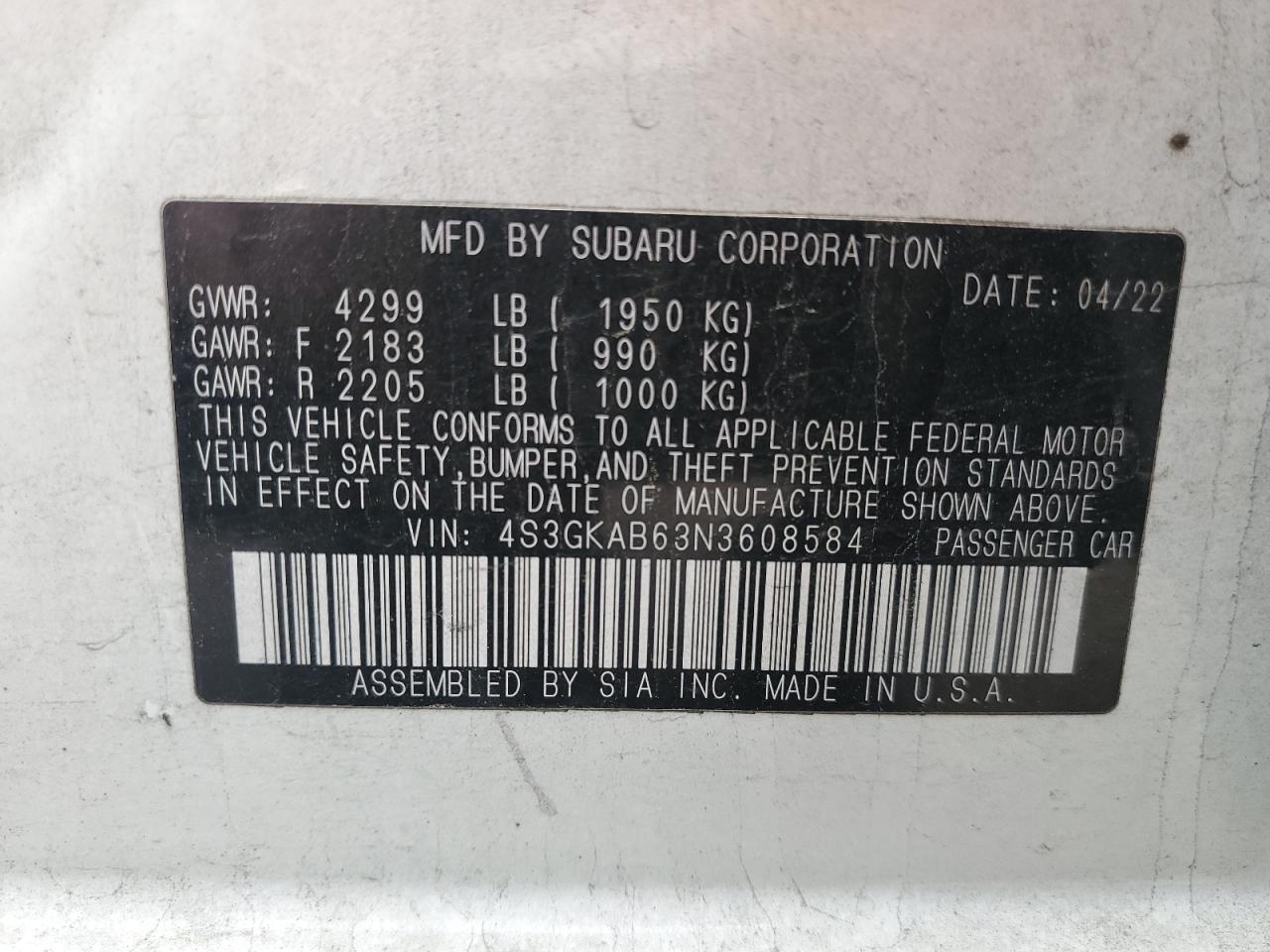 2022 SUBARU IMPREZA VIN:4S3GKAB63N3608584