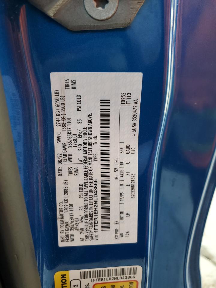 2022 FORD RANGER XL VIN:1FTER1EH2NLD43866