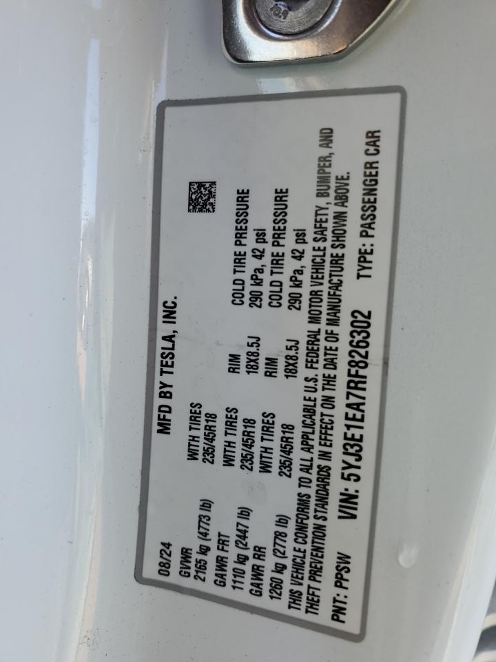 2024 TESLA MODEL 3 VIN:5YJ3E1EA7RF826302